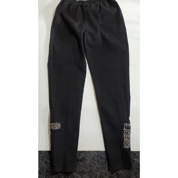 DG2 by Diane Gilman M/Tall Silver Beading Stretch Elastic Waist Black Jeans - Picture 1 of 12